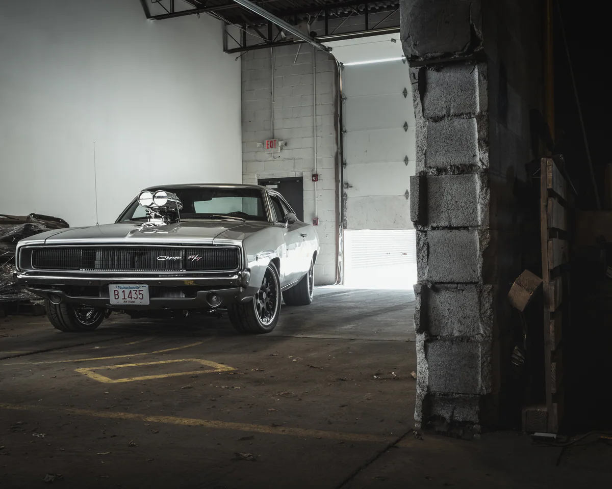 Blown Dodge Charger photographed inside the Chris Cerce Customs shop