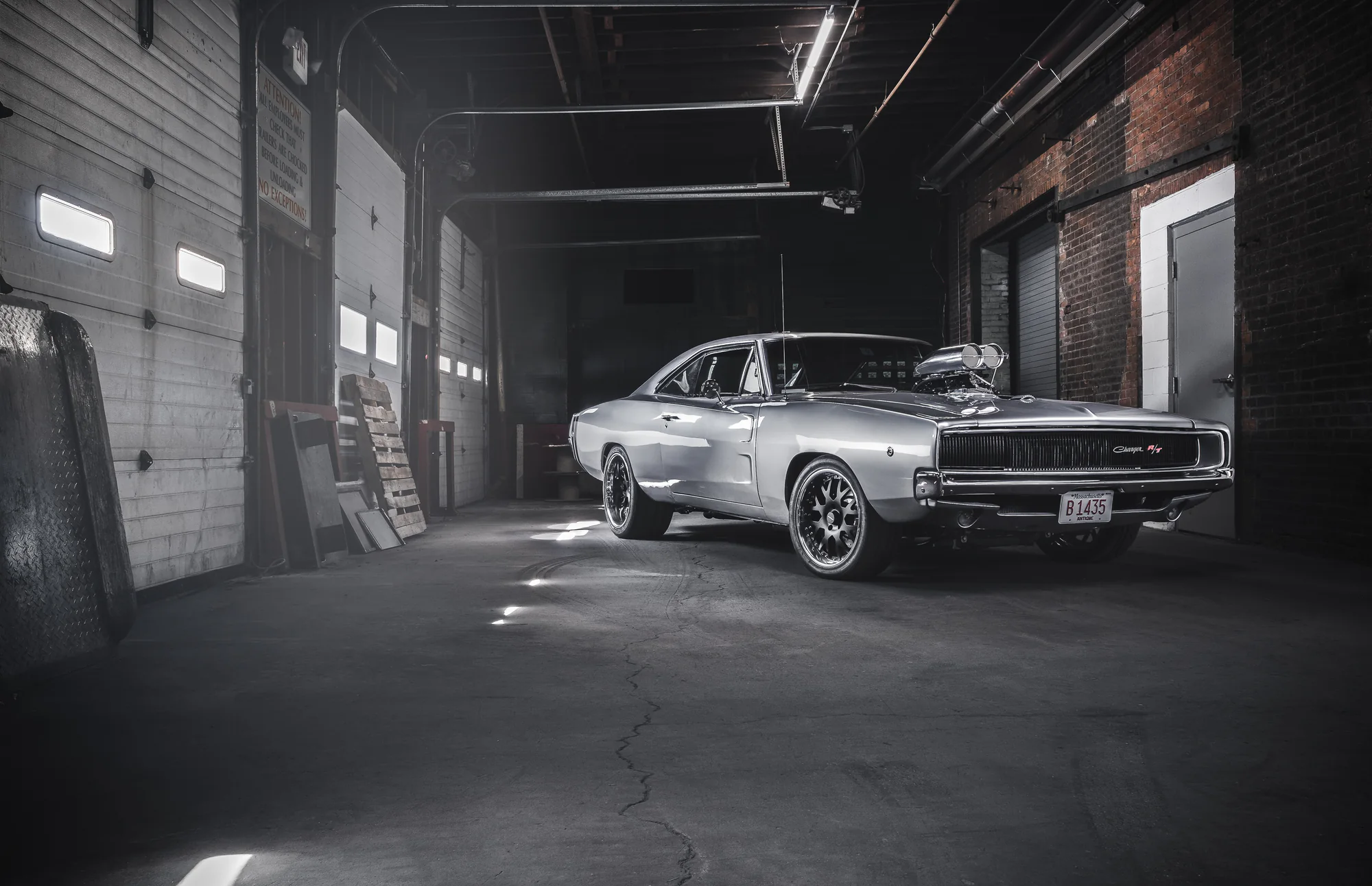 Classic Dodge Charger photographed inside the shop