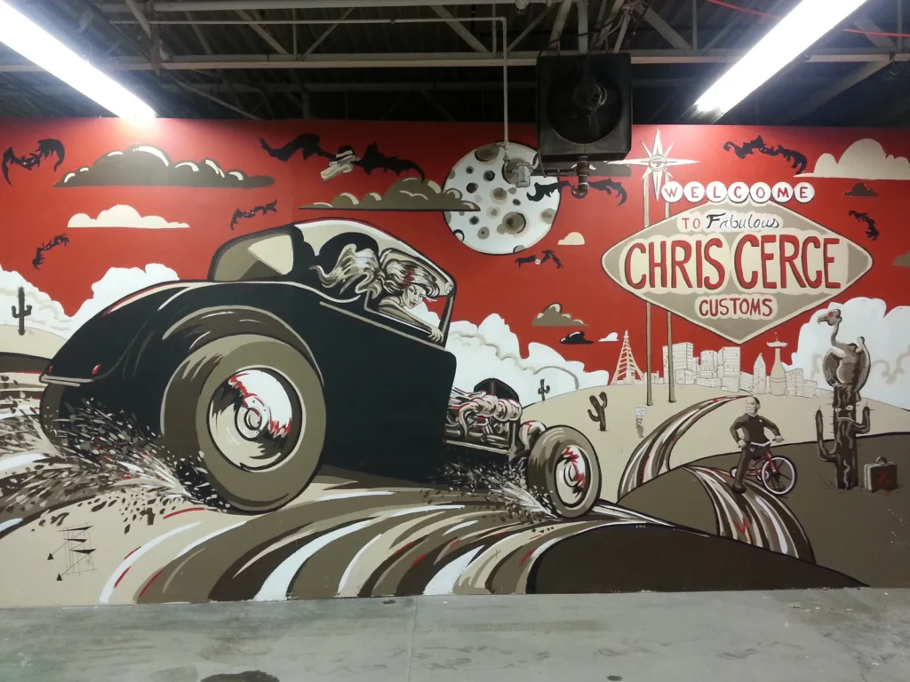 Chris Cerce Customs shop mural and vehicle workspace