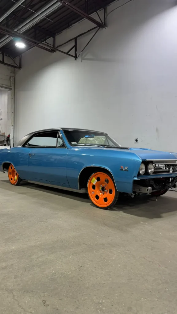 Blue 1967 Chevelle during Roadster Shop chassis fitment