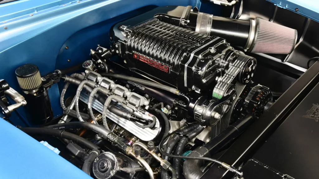 Supercharged Don Hardy engine and finished engine bay in the 1955 Chevrolet 150