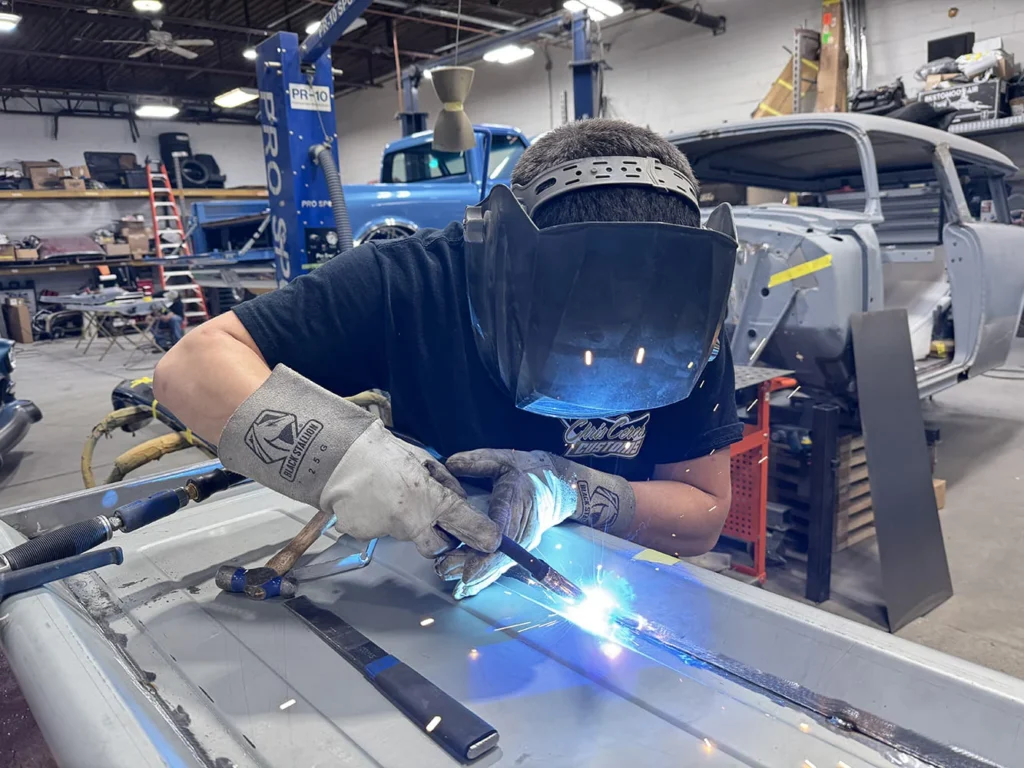 Welding the custom tailgate for the 1956 Chevrolet pickup