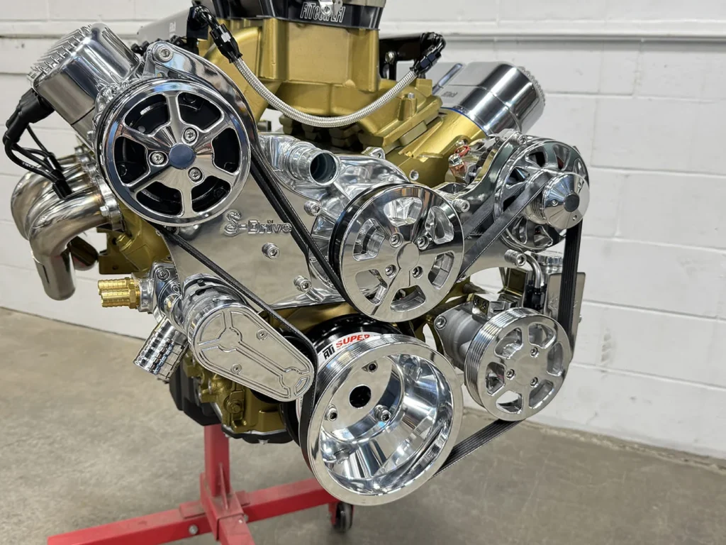 Polished accessory drive installed on an LS engine