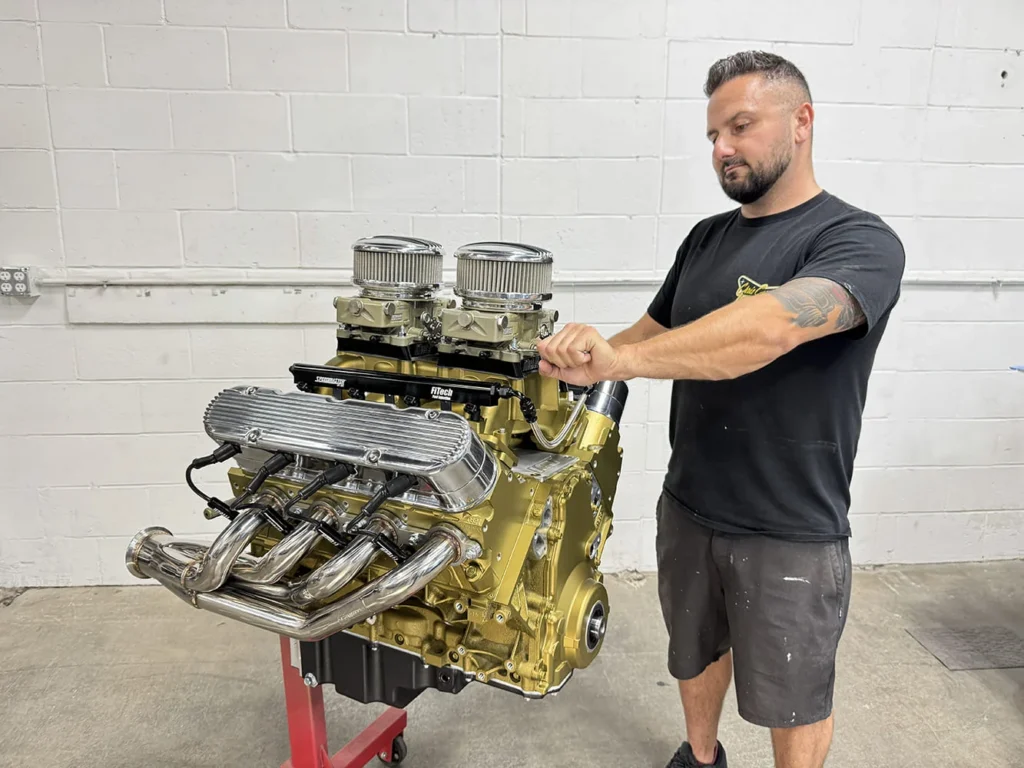 Chris Cerce with the vintage-style dual-quad LS3 engine
