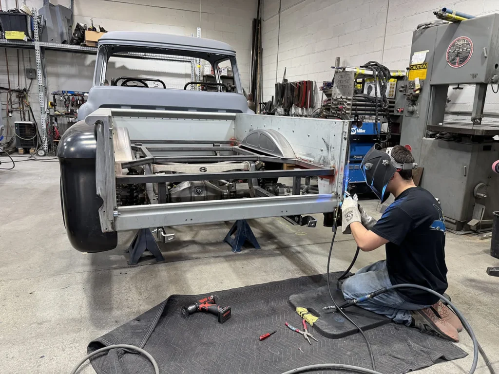 Custom stake-pocket fabrication on the 1956 Chevrolet pickup