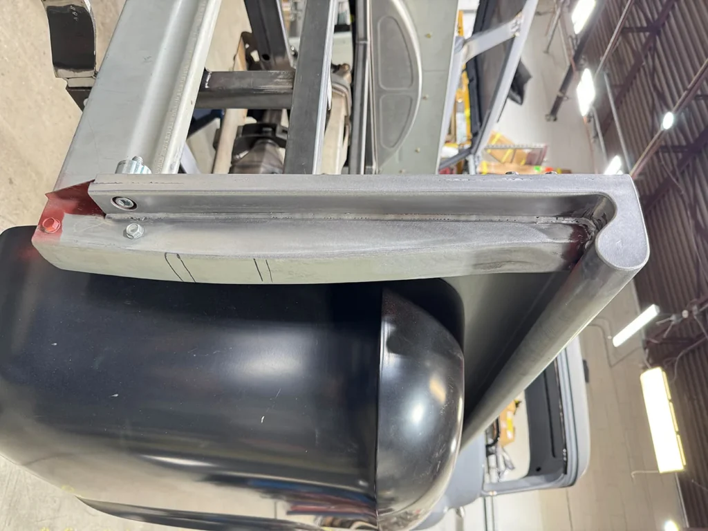 Finished custom stake-pocket metalwork on the Chevrolet pickup bed