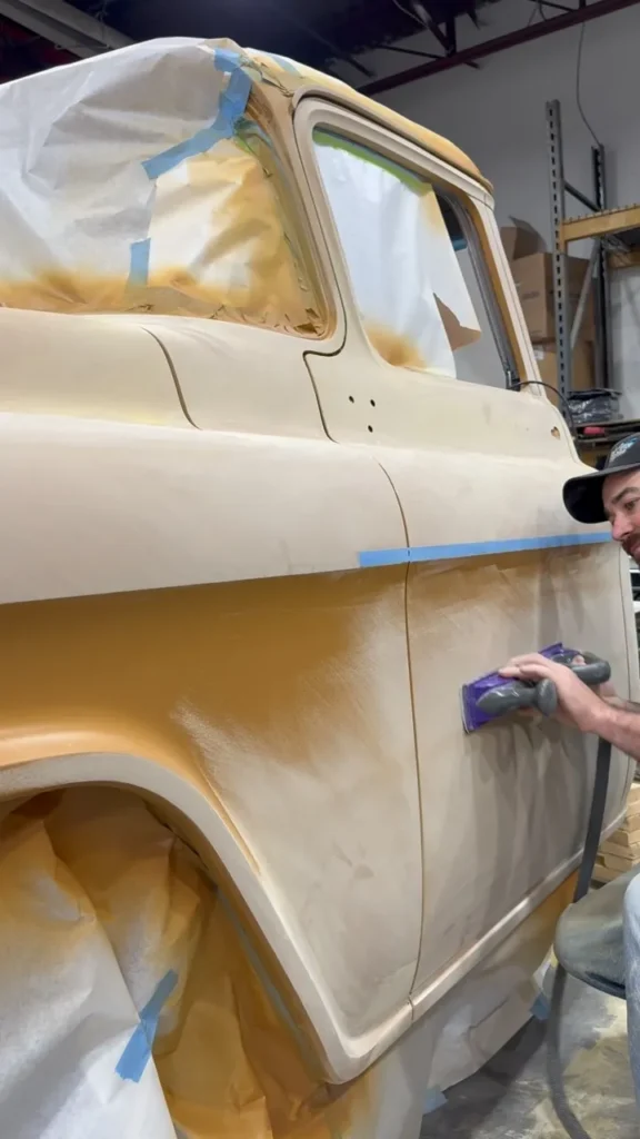 Block sanding the door and cab of Steve’s 1956 Chevrolet pickup