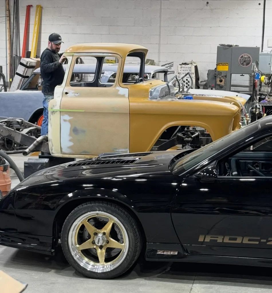 Bodywork underway on the 1956 Chevrolet pickup inside the workshop